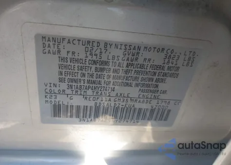 2017 Nissan Sentra Sv z USA, uszkodzony, nr VIN 3N1AB7AP4HY274714